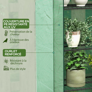 Serre de jardin PE avec étagères 4 niveaux, serre de balcon, bâche renforcée 135 g/m², châssis en acier, porte zippée enroulable, pour légumes plantes fleurs, 120 x 50 x 170 cm, vert