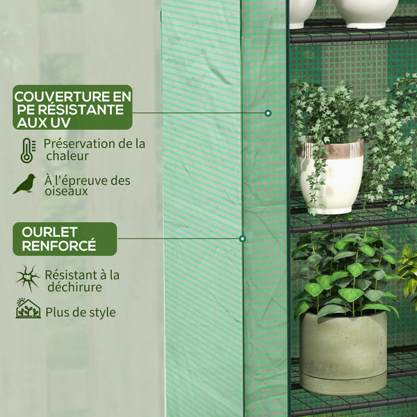 Serre de jardin PE avec étagères 4 niveaux, serre de balcon, bâche renforcée 135 g/m², châssis en acier, porte zippée enroulable, pour légumes plantes fleurs, 120 x 50 x 170 cm, vert