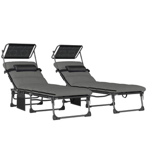 - 2 pliable sun loungers with sunshade, cushion, 5 adjustable positions, side pocket, portable for camping, beach, terrace, dark grey