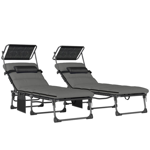 - 2 pliable sun loungers with sunshade, cushion, 5 adjustable positions, side pocket, portable for camping, beach, terrace, dark grey