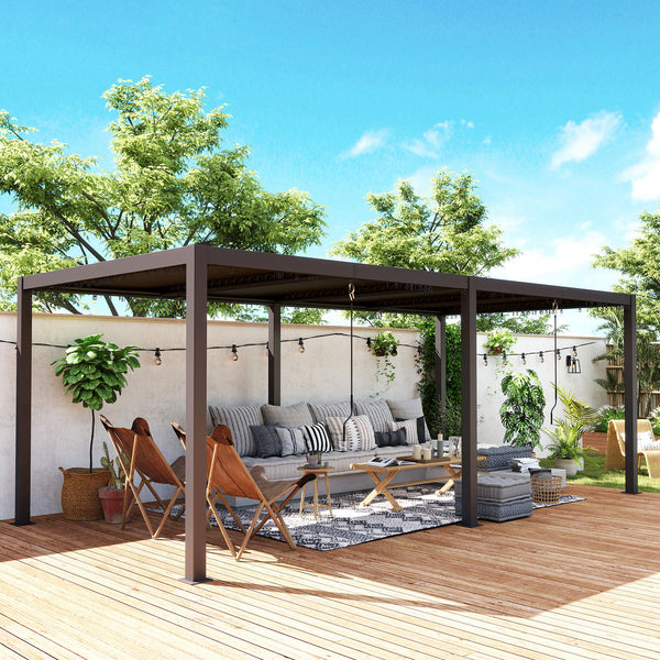 Pergola bioclimatique 3 x 6 m, pergola jardin extérieur avec persiennes manivelle toit réglable en aluminium et crochets, tonnelle de jardin, terrasse, patio, gris foncé