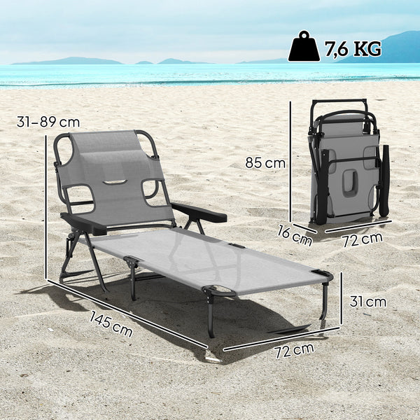 Bain de soleil chaise longue pliante avec appuie-tête, trou de lecture, dossier inclinable en textilène, transat jardin extérieur pour plage relax camping piscine terrasse, gris