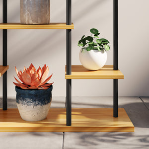 Support plantes intérieur, étagère plante à 6 niveaux, cadre en acier base en bois massif, porte plante pour salon, balcon, jardin, bois naturel