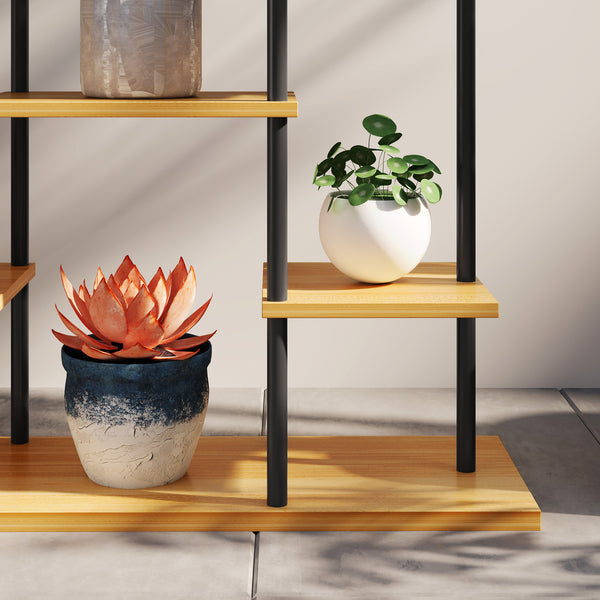 Support plantes intérieur, étagère plante à 6 niveaux, cadre en acier base en bois massif, porte plante pour salon, balcon, jardin, bois naturel