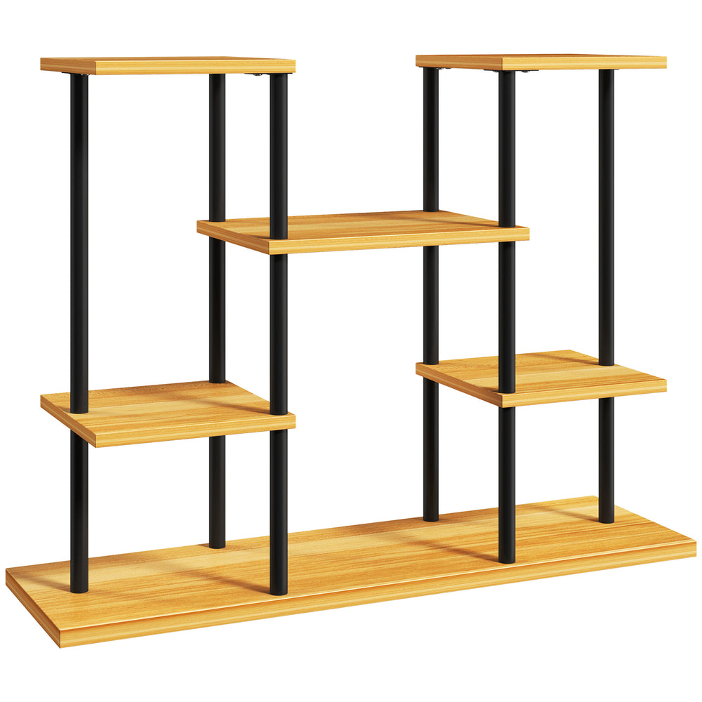 Support plantes intérieur, étagère plante à 6 niveaux, cadre en acier base en bois massif, porte plante pour salon, balcon, jardin, bois naturel
