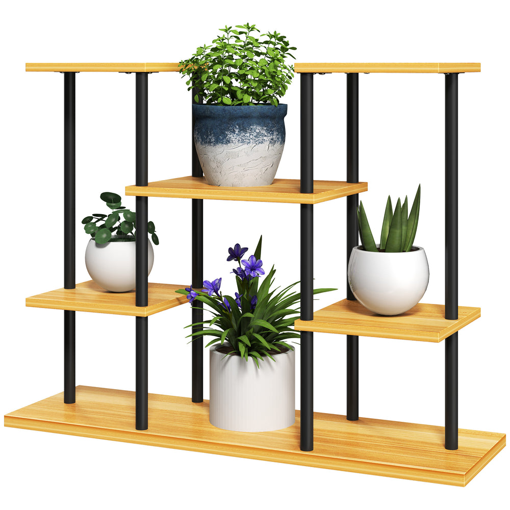 Support plantes intérieur, étagère plante à 6 niveaux, cadre en acier base en bois massif, porte plante pour salon, balcon, jardin, bois naturel