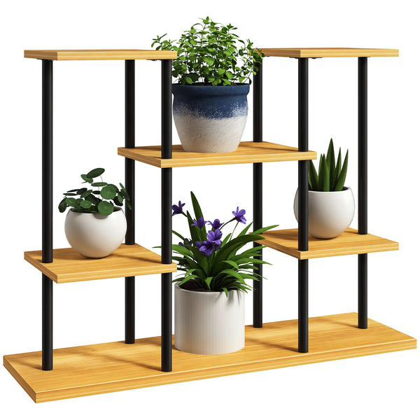 Support plantes intérieur, étagère plante à 6 niveaux, cadre en acier base en bois massif, porte plante pour salon, balcon, jardin, bois naturel