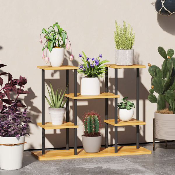 Support plantes intérieur, étagère plante à 6 niveaux, cadre en acier base en bois massif, porte plante pour salon, balcon, jardin, bois naturel