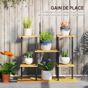 Support plantes intérieur, étagère plante à 6 niveaux, cadre en acier base en bois massif, porte plante pour salon, balcon, jardin, bois naturel