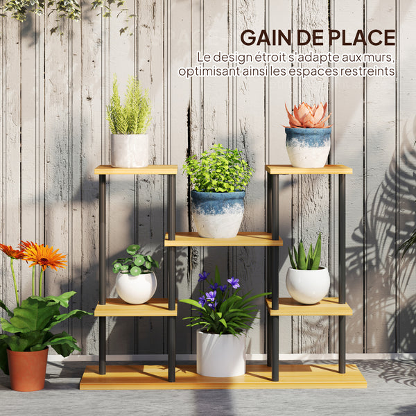 Support plantes intérieur, étagère plante à 6 niveaux, cadre en acier base en bois massif, porte plante pour salon, balcon, jardin, bois naturel