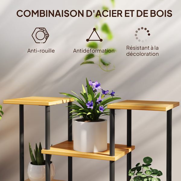 Support plantes intérieur, étagère plante à 6 niveaux, cadre en acier base en bois massif, porte plante pour salon, balcon, jardin, bois naturel