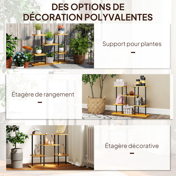 Support plantes intérieur, étagère plante à 6 niveaux, cadre en acier base en bois massif, porte plante pour salon, balcon, jardin, bois naturel