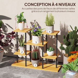 Support plantes intérieur, étagère plante à 6 niveaux, cadre en acier base en bois massif, porte plante pour salon, balcon, jardin, bois naturel