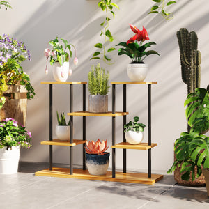 Support plantes intérieur, étagère plante à 6 niveaux, cadre en acier base en bois massif, porte plante pour salon, balcon, jardin, bois naturel