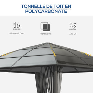 Tonnelle de jardin pavillon de jardin 3 x 3 m structure aluminium toit polycarbonate imperméable UV 60+ avec parois latéraux gris foncé
