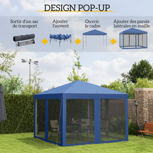 Tonnelle pop-up Barnum Pliant Style Colonial 3 x 3 m 4 moustiquaires + Sac de Transport bleu
