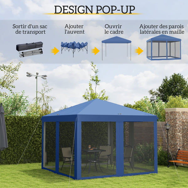 Tonnelle pop-up Barnum Pliant Style Colonial 3 x 3 m 4 moustiquaires + Sac de Transport bleu