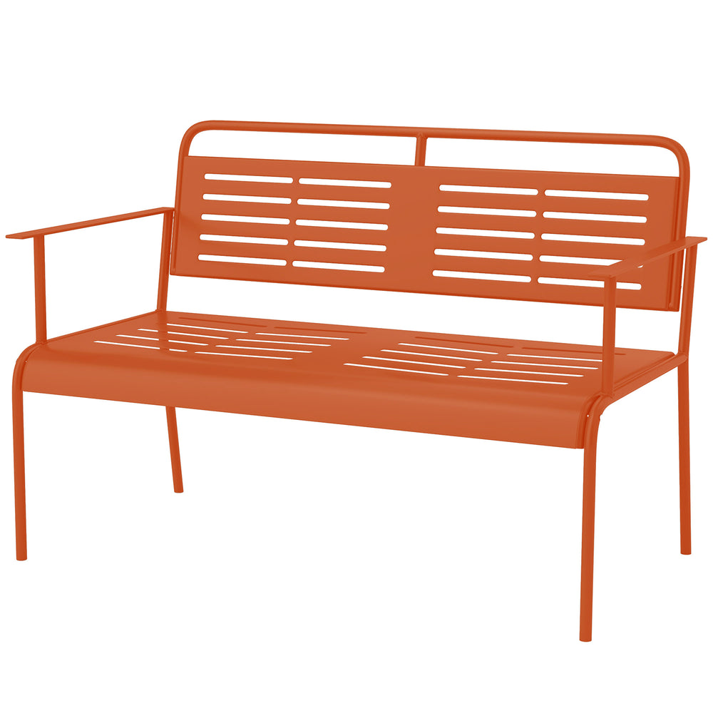 Banc de jardin 2 places banc extérieur jardin en acier avec accoudoirs et dossier pour balcon terrasse patio véranda pelouse, 121 x 64 x 84 cm, rouge