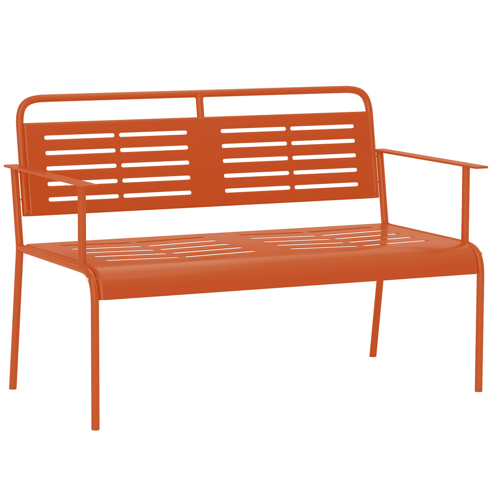 Banc de jardin 2 places banc extérieur jardin en acier avec accoudoirs et dossier pour balcon terrasse patio véranda pelouse, 121 x 64 x 84 cm, rouge