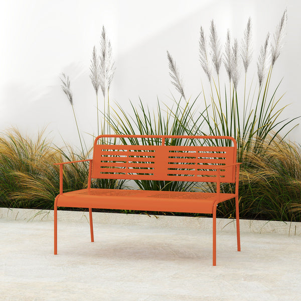 Banc de jardin 2 places banc extérieur jardin en acier avec accoudoirs et dossier pour balcon terrasse patio véranda pelouse, 121 x 64 x 84 cm, rouge