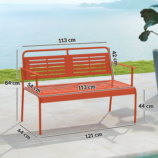Banc de jardin 2 places banc extérieur jardin en acier avec accoudoirs et dossier pour balcon terrasse patio véranda pelouse, 121 x 64 x 84 cm, rouge