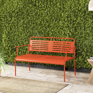Banc de jardin 2 places banc extérieur jardin en acier avec accoudoirs et dossier pour balcon terrasse patio véranda pelouse, 121 x 64 x 84 cm, rouge