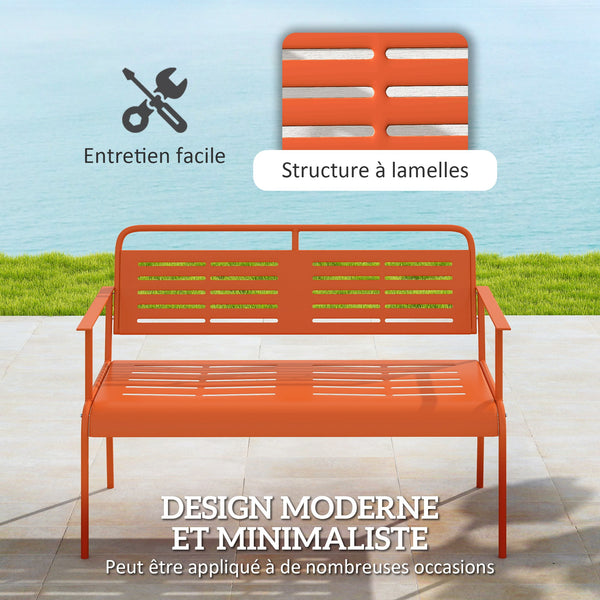 Banc de jardin 2 places banc extérieur jardin en acier avec accoudoirs et dossier pour balcon terrasse patio véranda pelouse, 121 x 64 x 84 cm, rouge