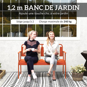 Banc de jardin 2 places banc extérieur jardin en acier avec accoudoirs et dossier pour balcon terrasse patio véranda pelouse, 121 x 64 x 84 cm, rouge