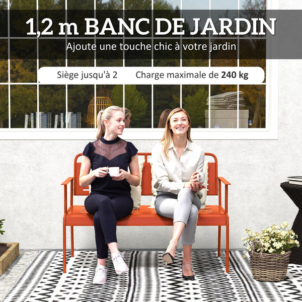 Banc de jardin 2 places banc extérieur jardin en acier avec accoudoirs et dossier pour balcon terrasse patio véranda pelouse, 121 x 64 x 84 cm, rouge