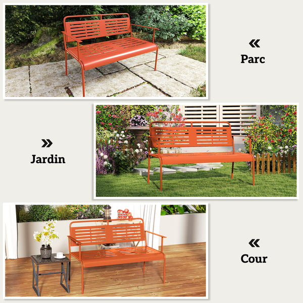 Banc de jardin 2 places banc extérieur jardin en acier avec accoudoirs et dossier pour balcon terrasse patio véranda pelouse, 121 x 64 x 84 cm, rouge