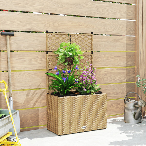 Jardinière pour plantes avec treillis 2 pots bac à plante jardinière 22L jardin balcon patio terrasse extérieur en résine tressée et acier 57 x 30 x 107 cm sable