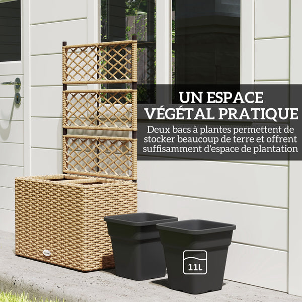 Jardinière pour plantes avec treillis 2 pots bac à plante jardinière 22L jardin balcon patio terrasse extérieur en résine tressée et acier 57 x 30 x 107 cm sable