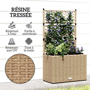 Jardinière pour plantes avec treillis 2 pots bac à plante jardinière 22L jardin balcon patio terrasse extérieur en résine tressée et acier 57 x 30 x 107 cm sable