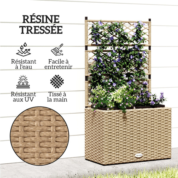 Jardinière pour plantes avec treillis 2 pots bac à plante jardinière 22L jardin balcon patio terrasse extérieur en résine tressée et acier 57 x 30 x 107 cm sable