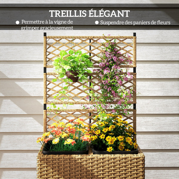 Jardinière pour plantes avec treillis 2 pots bac à plante jardinière 22L jardin balcon patio terrasse extérieur en résine tressée et acier 57 x 30 x 107 cm sable