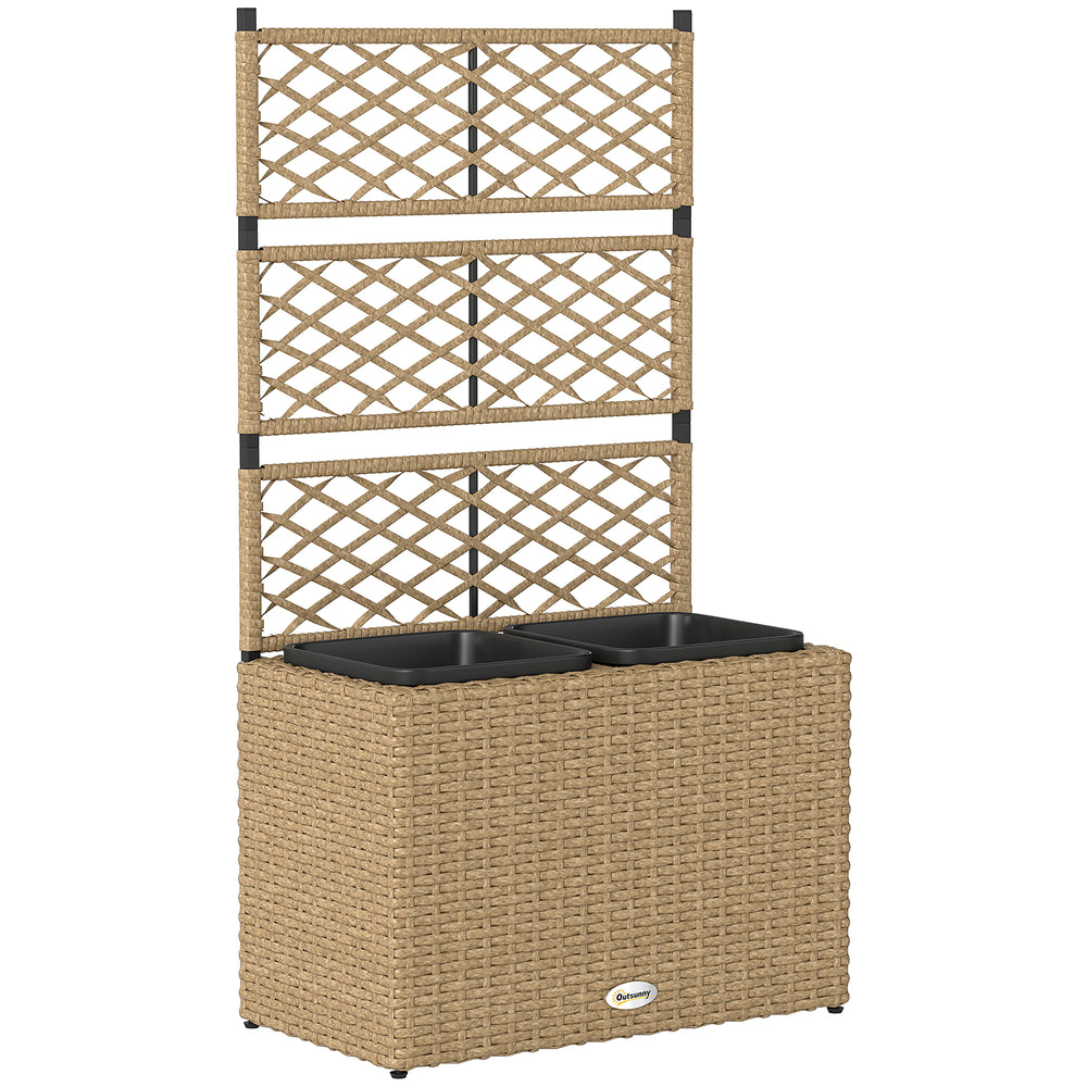 Jardinière pour plantes avec treillis 2 pots bac à plante jardinière 22L jardin balcon patio terrasse extérieur en résine tressée et acier 57 x 30 x 107 cm sable