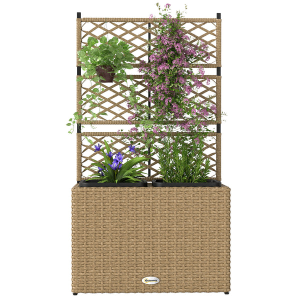 Jardinière pour plantes avec treillis 2 pots bac à plante jardinière 22L jardin balcon patio terrasse extérieur en résine tressée et acier 57 x 30 x 107 cm sable
