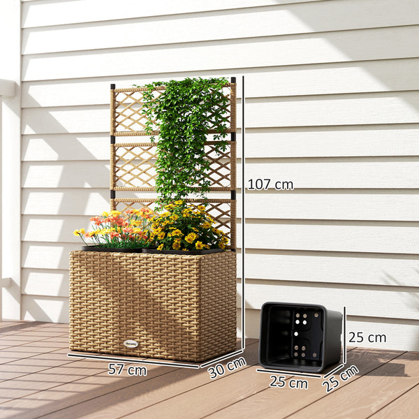 Jardinière pour plantes avec treillis 2 pots bac à plante jardinière 22L jardin balcon patio terrasse extérieur en résine tressée et acier 57 x 30 x 107 cm sable