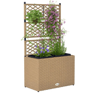 Jardinière pour plantes avec treillis 2 pots bac à plante jardinière 22L jardin balcon patio terrasse extérieur en résine tressée et acier 57 x 30 x 107 cm sable