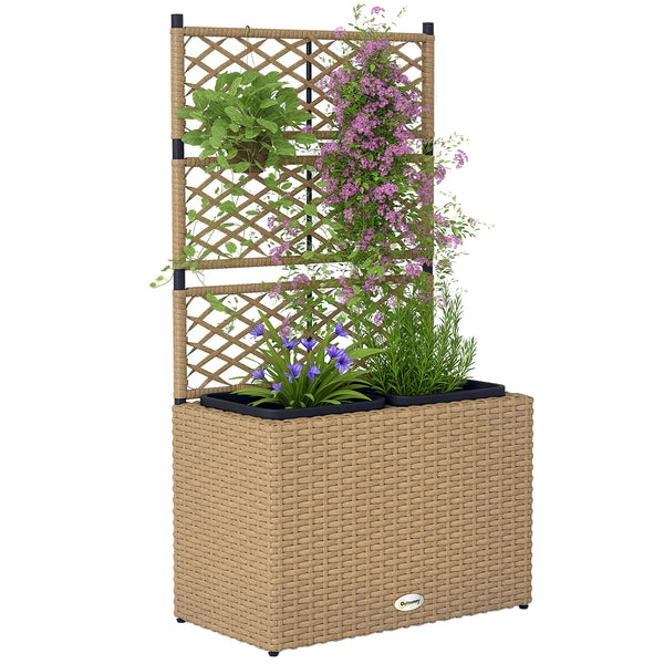 Jardinière pour plantes avec treillis 2 pots bac à plante jardinière 22L jardin balcon patio terrasse extérieur en résine tressée et acier 57 x 30 x 107 cm sable
