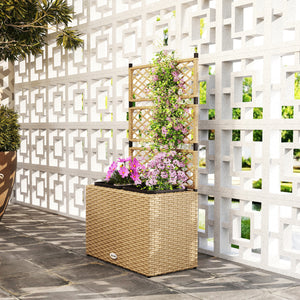 Jardinière pour plantes avec treillis 2 pots bac à plante jardinière 22L jardin balcon patio terrasse extérieur en résine tressée et acier 57 x 30 x 107 cm sable