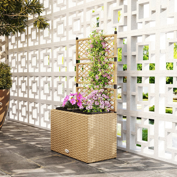 Jardinière pour plantes avec treillis 2 pots bac à plante jardinière 22L jardin balcon patio terrasse extérieur en résine tressée et acier 57 x 30 x 107 cm sable