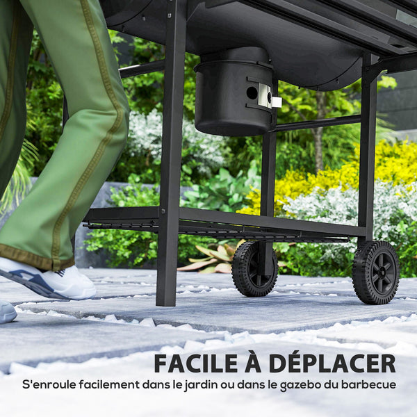 Barbecue charbon de bois avec tablette avant pliable, grand barbecue au charbon de bois avec tablette inférieure, grille de cuisson, couvercle avec thermomètre et 2 roues, noir