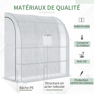 Serre de jardin PE avec étagères 3 niveaux, serre de balcon, bâche renforcée 140 g/m², châssis en acier, 2 portes zippées enroulables, pour légumes plantes fleurs, 200 x 100 x 215 cm, blanc