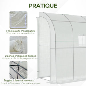 Serre de jardin PE avec étagères 3 niveaux, serre de balcon, bâche renforcée 140 g/m², châssis en acier, 2 portes zippées enroulables, pour légumes plantes fleurs, 200 x 100 x 215 cm, blanc