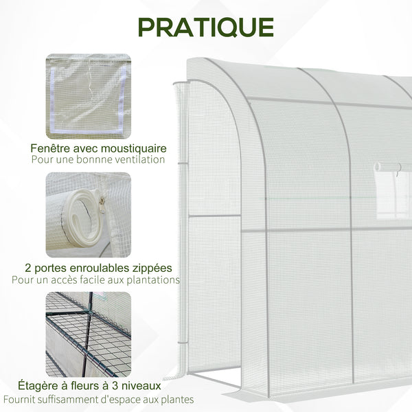 Serre de jardin PE avec étagères 3 niveaux, serre de balcon, bâche renforcée 140 g/m², châssis en acier, 2 portes zippées enroulables, pour légumes plantes fleurs, 200 x 100 x 215 cm, blanc