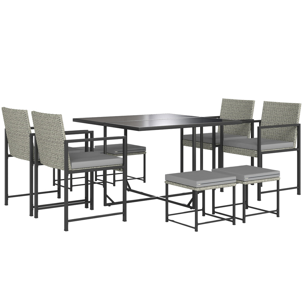 Salon de jardin extérieur en résine tressée 8 places, table et chaises de jardin extérieur avec 4 fauteuils, 4 tabourets, coussins et plateau en verre trempé, pour terrasse patio balcon, gris