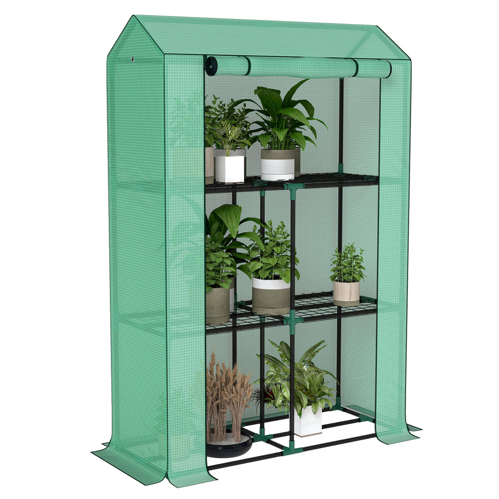 Serre de jardin PE avec étagères 3 niveaux, serre de balcon, bâche renforcée 135 g/m², châssis en acier, porte zippée enroulable, pour légumes plantes fleurs, 100 x 40 x 150 cm, vert