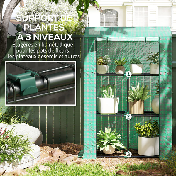 Serre de jardin PE avec étagères 3 niveaux, serre de balcon, bâche renforcée 135 g/m², châssis en acier, porte zippée enroulable, pour légumes plantes fleurs, 100 x 40 x 150 cm, vert