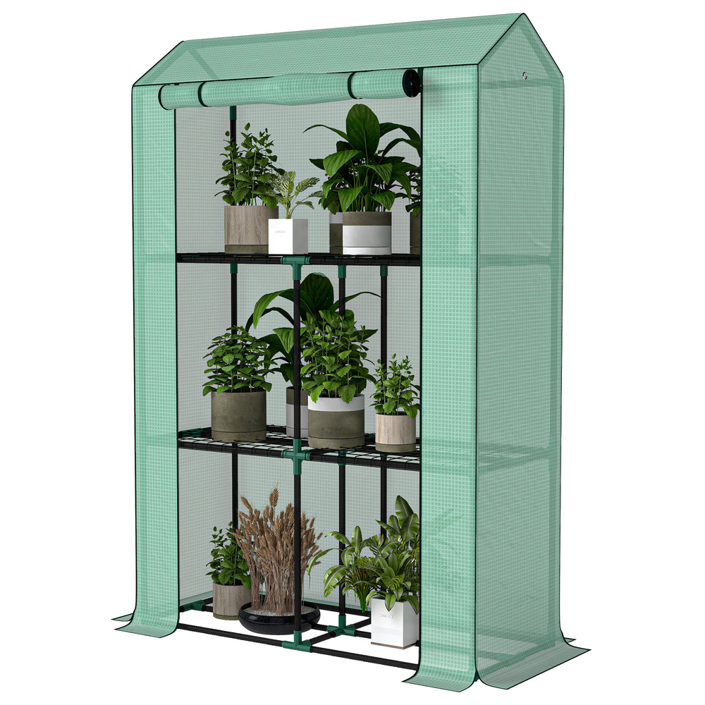 Serre de jardin PE avec étagères 3 niveaux, serre de balcon, bâche renforcée 135 g/m², châssis en acier, porte zippée enroulable, pour légumes plantes fleurs, 100 x 40 x 150 cm, vert